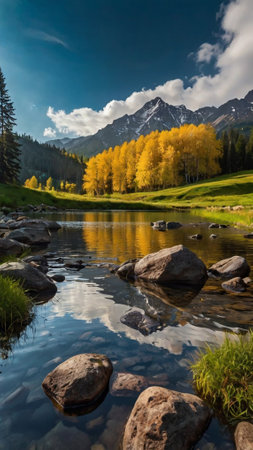 Panoramic view of alpine lake in autumn with yellow treesの写真素材