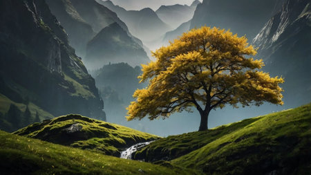 Lonely tree in the middle of a valley with a waterfall