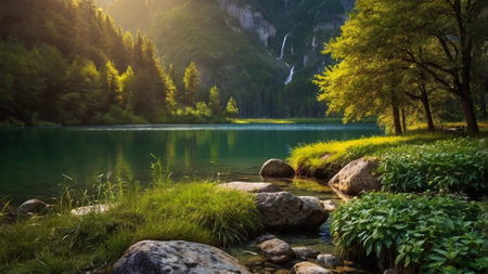 Beautiful view of alpine lake in the morning. Natural landscape.の写真素材