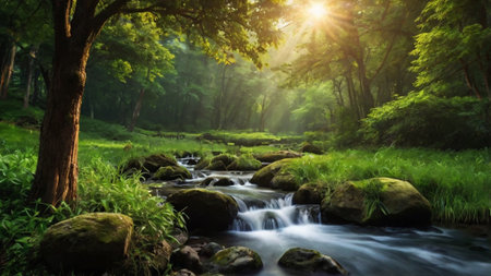 Beautiful waterfall in the forest with sun light and green grass.の写真素材