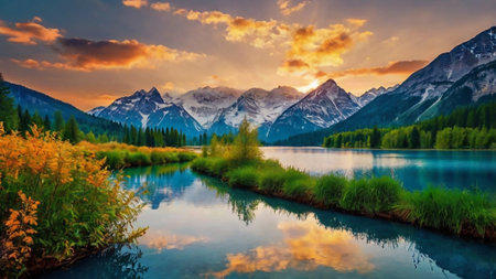 Mountain lake at sunset. Colorful summer landscape with mountains, forest and lake.の写真素材