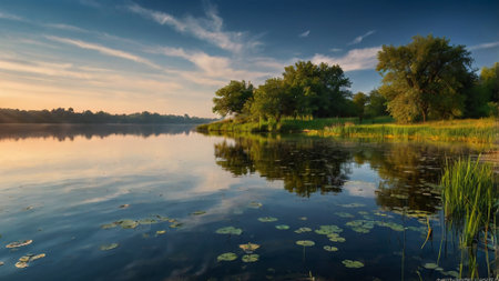 Morning on the lake. Beautiful summer landscape with pond and trees.