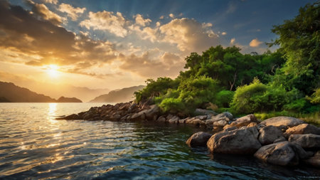 Beautiful sunset over the sea. Panoramic view of the sea.の写真素材