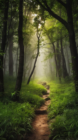 Path in the dark forest with fog and sunbeams in the morning
