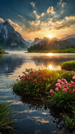 Beautiful sunrise over the lake with reflection of mountains in the waterの写真素材