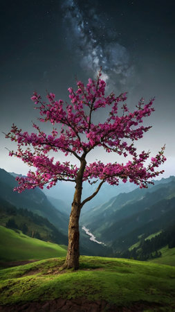 Beautiful pink cherry tree on a background of mountains under the starry skyの写真素材