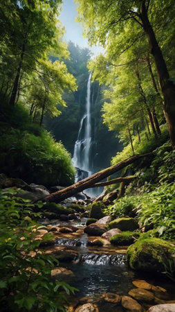 Beautiful waterfall in the forest. Summer landscape with a waterfall.