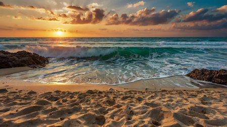 Sunset on the beach of the Caribbean Sea in Playa del Carmen, Mexicoの写真素材