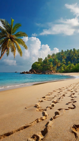 Tropical beach with palm trees and footprints in the sand.の写真素材