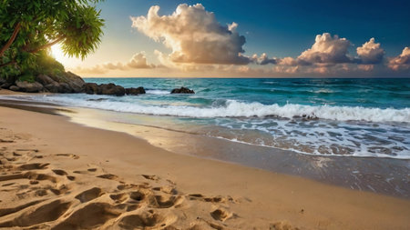 Beautiful seascape at sunset. Panoramic view of tropical sandy beach.