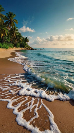 Tropical beach with palm trees and waves. Sri Lanka.の写真素材