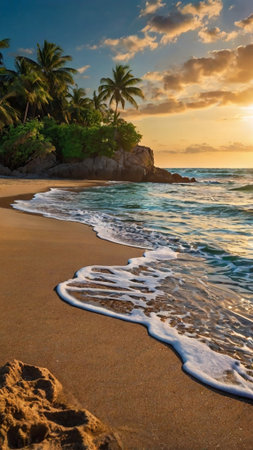 Tropical beach with palm trees at sunset, Seychelles