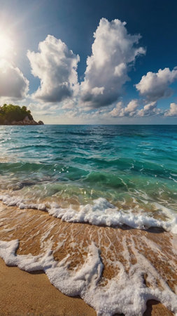 Tropical beach. Seascape with blue sky and cloudsの写真素材
