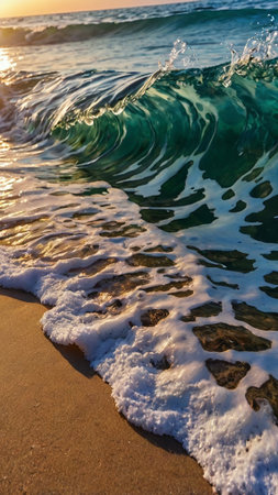Sea wave on the sandy beach at sunset. Beautiful natural background.