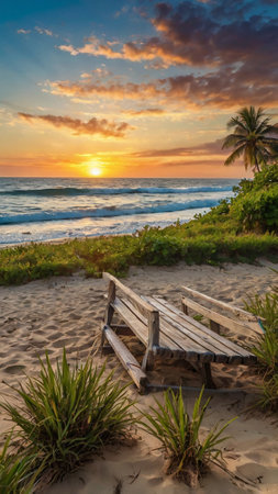 Wooden bench on the beach at sunset in Bali, Indonesiaの写真素材