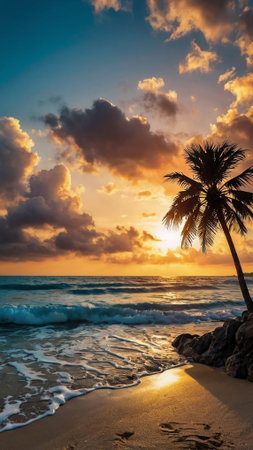 Beautiful sunset on the beach with palm trees and waves. Tropical background.の写真素材
