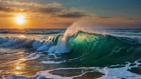 Ocean wave breaking on shore at sunset. Beautiful seascape.の写真素材