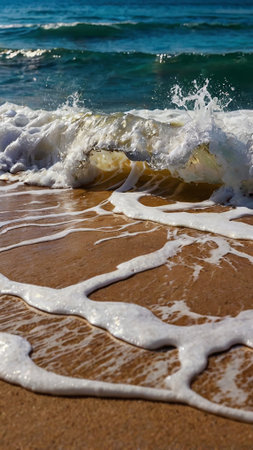 Waves on the sandy beach of the Mediterranean Sea, Cyprus.の写真素材