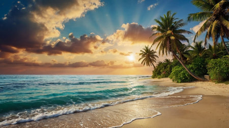 Tropical beach with palm trees at sunset. Panorama.の写真素材
