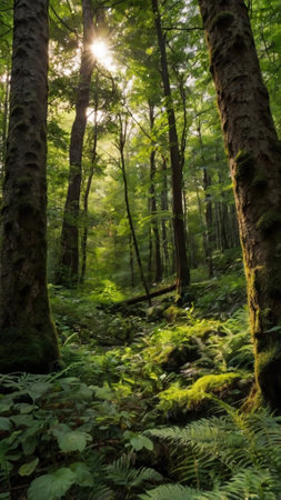 Sunlight in the green forest with ferns and trees.の写真素材