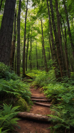 Hiking trail in a green forest with footpath and fernsの写真素材