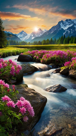 Mountain landscape with blooming rhododendron flowers and mountain stream.の写真素材