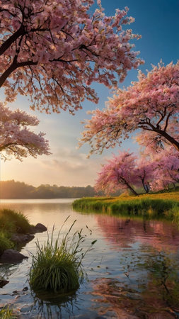 Cherry blossoms in full bloom on the shore of the lakeの写真素材