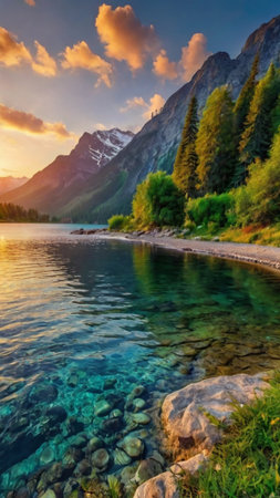 Mountain lake in the mountains at sunrise. Beautiful summer landscape.