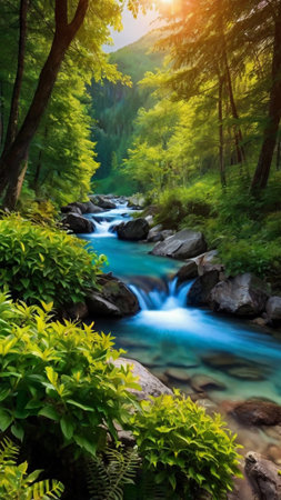 Mountain stream in the forest at sunset. Beautiful nature background.