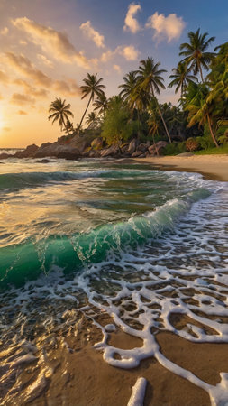 Tropical beach with palm trees at sunset, Seychellesの写真素材