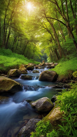 Stream in the green forest. Beautiful nature scene with fast flowing water