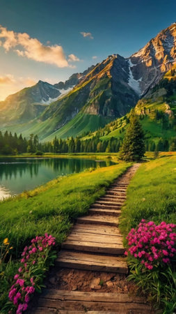 Wooden path leading to the mountain lake. Beautiful summer landscape.の写真素材