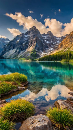 Panoramic view of Moraine lake in the Swiss Alps.の写真素材