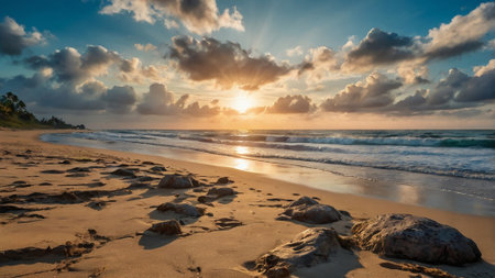 Sunset on the beach in Sri Lanka. Panoramic view