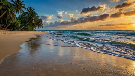 Tropical beach with palm trees at sunset, Sri Lanka.の写真素材