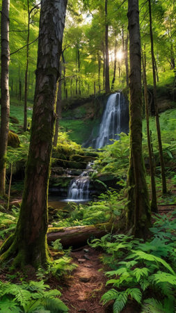 Waterfall in the forest with green trees and ferns.の写真素材