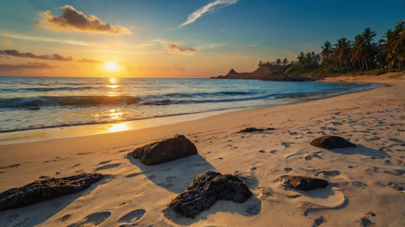 Beautiful sunset on the beach of Seychelles, Praslinの写真素材