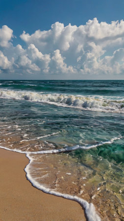 Beautiful seascape with waves on the sandy beach and blue skyの写真素材