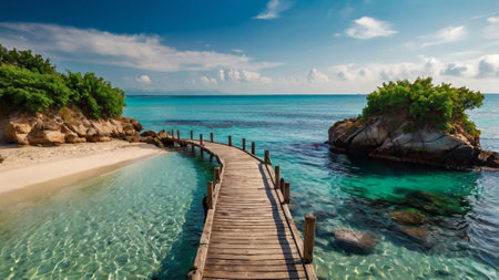 Wooden pier leading to beautiful tropical beach with turquoise waterの写真素材
