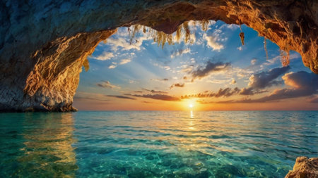 Sunset in the sea caves of Zakynthos, Greeceの写真素材