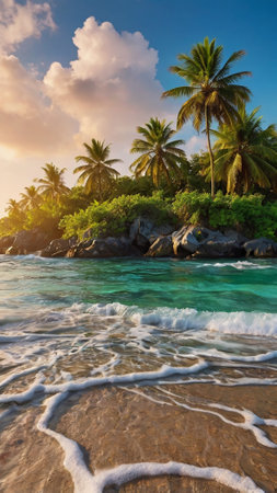 Tropical beach with palm trees at sunset, Seychellesの写真素材