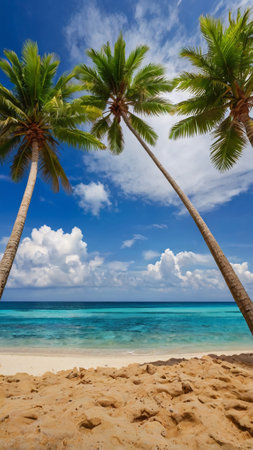Palm trees on tropical beach, Seychelles, Maheの写真素材
