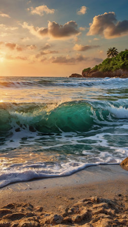 Tropical beach at beautiful sunset, Seychelles.