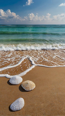 Beautiful tropical beach with white sand, sea shells and blue sky