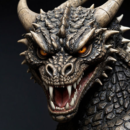 dragon head on a black background, closeup of photo with depth of fieldの写真素材