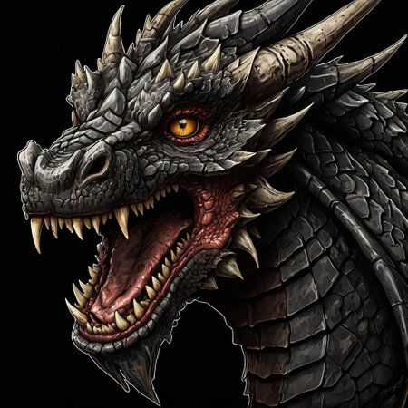 Dragon head with sharp teeth on black background. 3D illustration.の写真素材