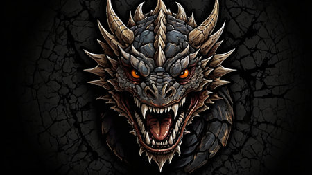 Dragon head with sharp teeth and sharp teeth on cracked wall background illustrationの写真素材