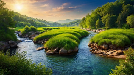 Beautiful summer landscape with mountain river and green meadow. Panorama