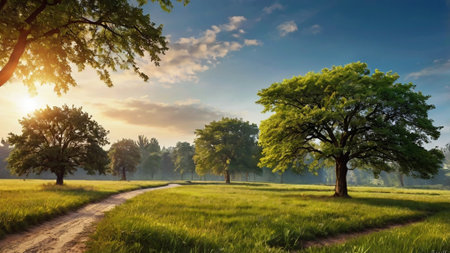 Beautiful summer landscape with green meadow and old oak tree.