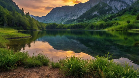 Panoramic view of alpine lake at sunset, Austrian Alps